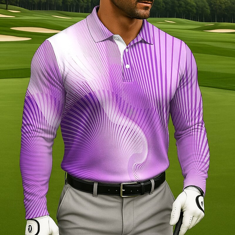 Men's Geometic Golf Polo Long Sleeve Polo Shirts Lapel Casual Athleisure Daily Wear 3D Print Buttons Spring Fall Winter Lake blue Blue Purple4