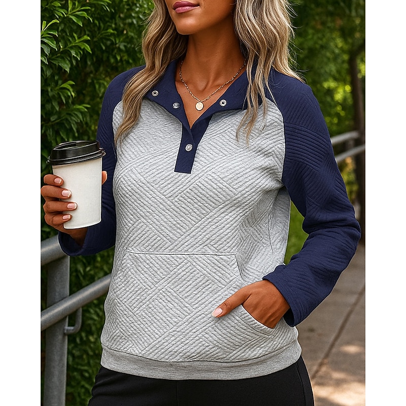 Women's Pullover Sweatshirt Casual Tops Buttons Long Sleeve Top Athleisure Fall Color Block Fashion Workout Outdoor Training Sportswear Activewear Black Blue Green
