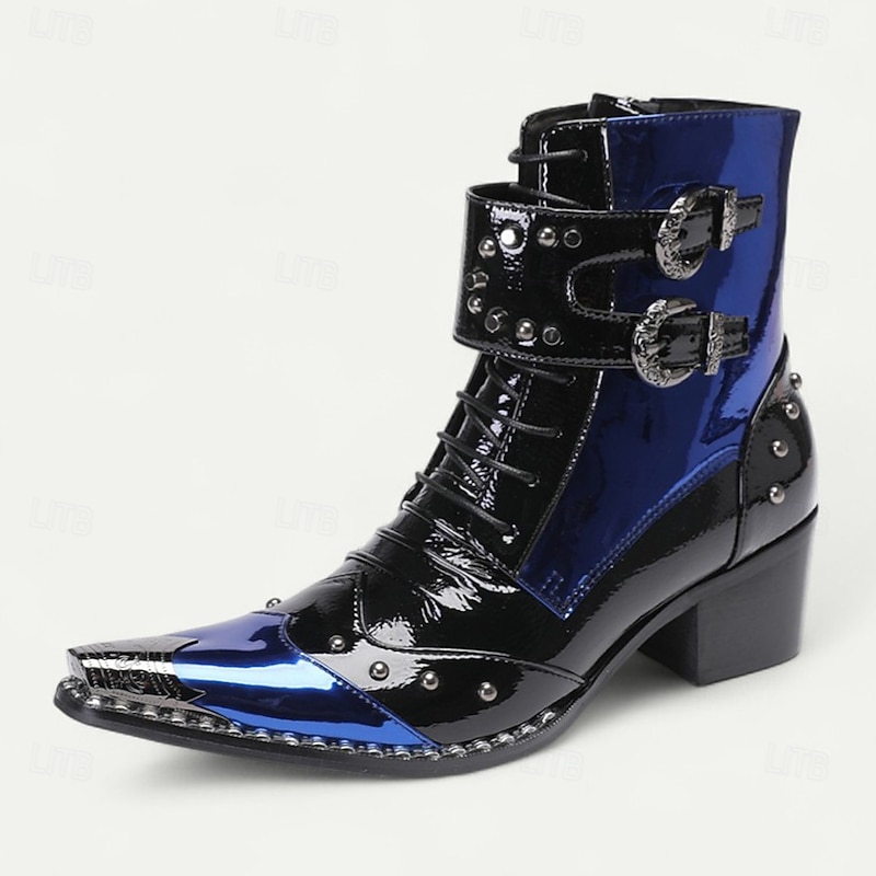 Men's Blue Patent Leather Gothic Ankle Boots with Buckle Straps – Punk Rock Stage Performance & Nightlife Party Shoes3