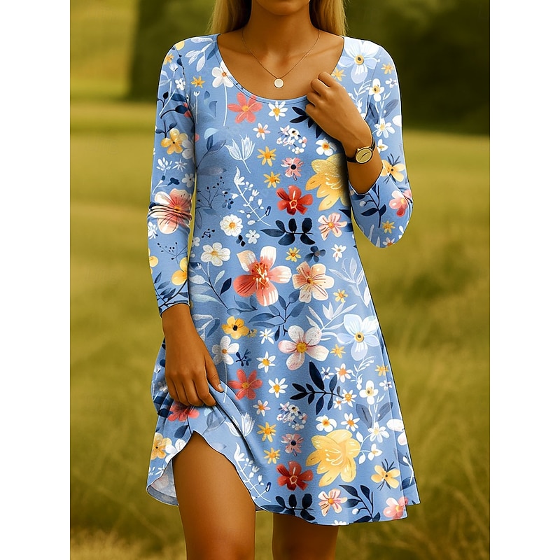 Women's Mini Dress Crew Neck Long Sleeve Casual Dress T Shirt Dress Tee Dress A Line Dress Casual Regular Fit Floral Graphic Scoop Neck Black Blue Purple Green Spring Fall Winter4