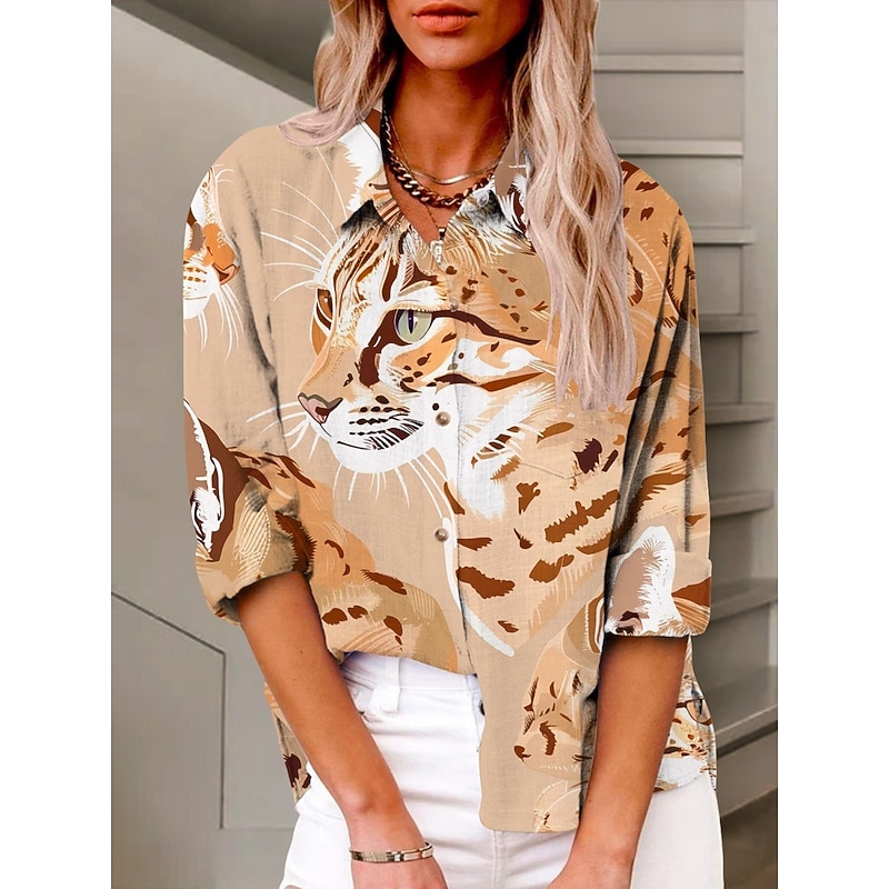 Women's Shirt Leopard Active Daily Stylish Long Sleeve Shirt Collar Regular Tops Daily Holiday Buttons Print Khaki Summer Spring Fall