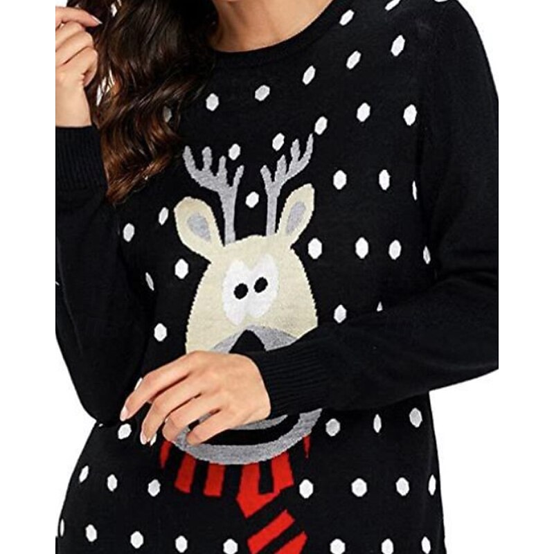 Women's Sweater Pullover Casual Reindeer Ribbed Crew Neck Knitted Print Long Sleeve Regular Tops Knit Christmas Daily Holiday Black Winter2