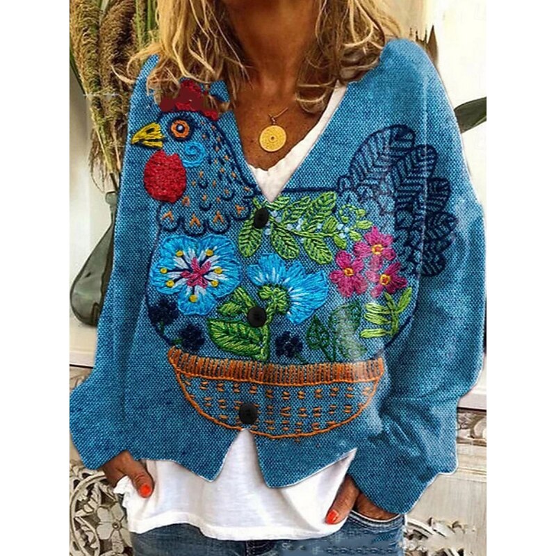 Women's Cardigan Sweater Knitted Ribbed Button Front V NeckLong Sleeve Lightweight Elegant Vacation Vintage Floral Print Regular Tops Knit Home Daily Holiday Blue Orange Fall3