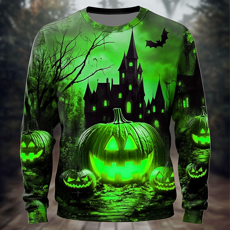 Halloween Men's Pumpkin Cemetery Sweatshirt Punk Party Long Sleeve Crew Neck Vacation Yellow Blue Crewneck 3D All Seasons Designer3