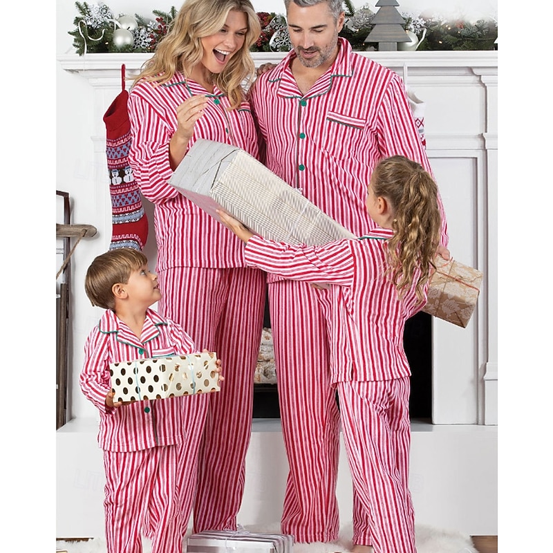Family Pajamas Striped Street Print Red Long Sleeve Sweet Matching Outfits2