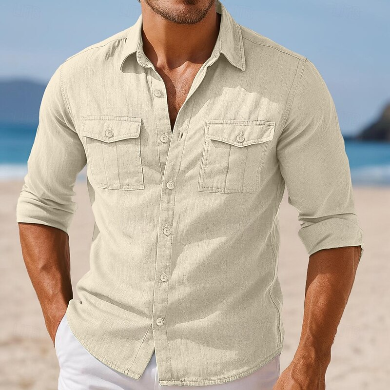 Men's Shirt Linen Shirt Plain Vacation Casual Black White Navy Blue Sky Blue Long Sleeve Lapel Summer Spring Clothing Apparel Multi Pocket2