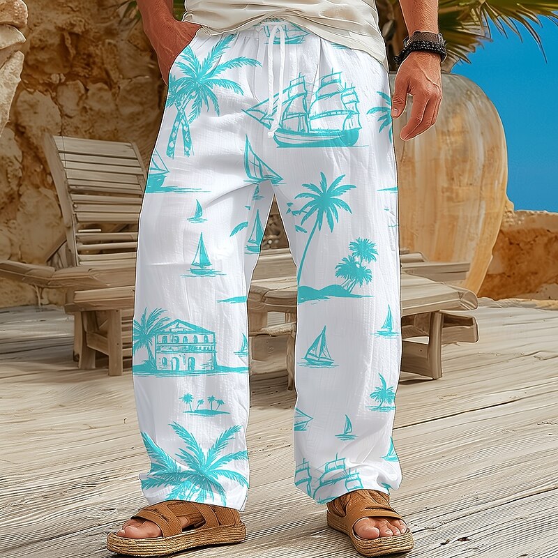 Men's Coconut Tree Tropical Plants Trousers Baggy Pants Casual Pants Mid Waist Hawaiian Outdoor Vacation Home Elastic Drawstring Waist Linen-Like Pants with Pockets Spring Fall 3D Print Blue Orange3