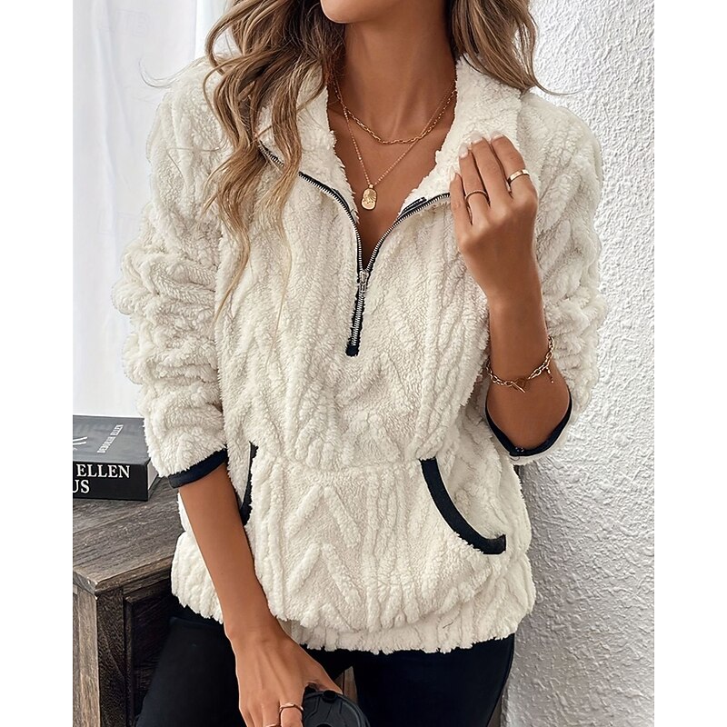 Women's Sweatshirts Zip Up Sweatshirts Plain Streetwear Casual Comfy Long Sleeve High Neck Regular Tops Street Holiday Going out Half Zipper Quarter Zipper Pocket Quarter Zip White Pink Wine Blue4