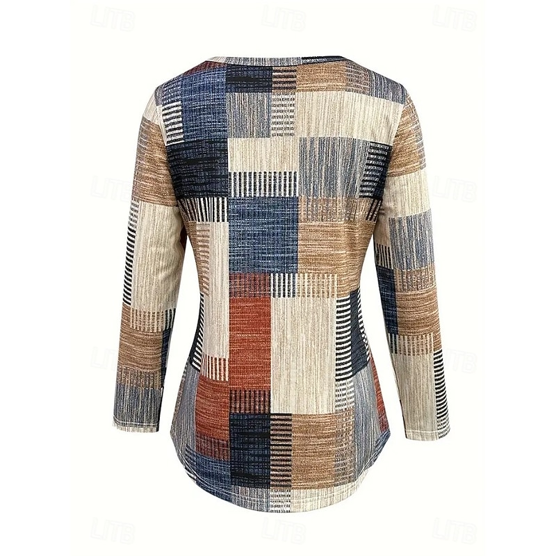 Women's T Shirt Graphic Geometry Vintage Stylish Classic Long Sleeve V Neck Regular Tops Daily Cut Out Print Khaki Spring Fall3