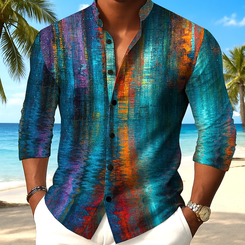 Men's Geometric Gradient Color Abstract Art Shirt Button Up Shirt Stand Collar Shirt Long Sleeve Casual Outdoor Vacation Daily Spring Fall Mandarin Collar Band Collar 3D Print Linen Like Shirt White