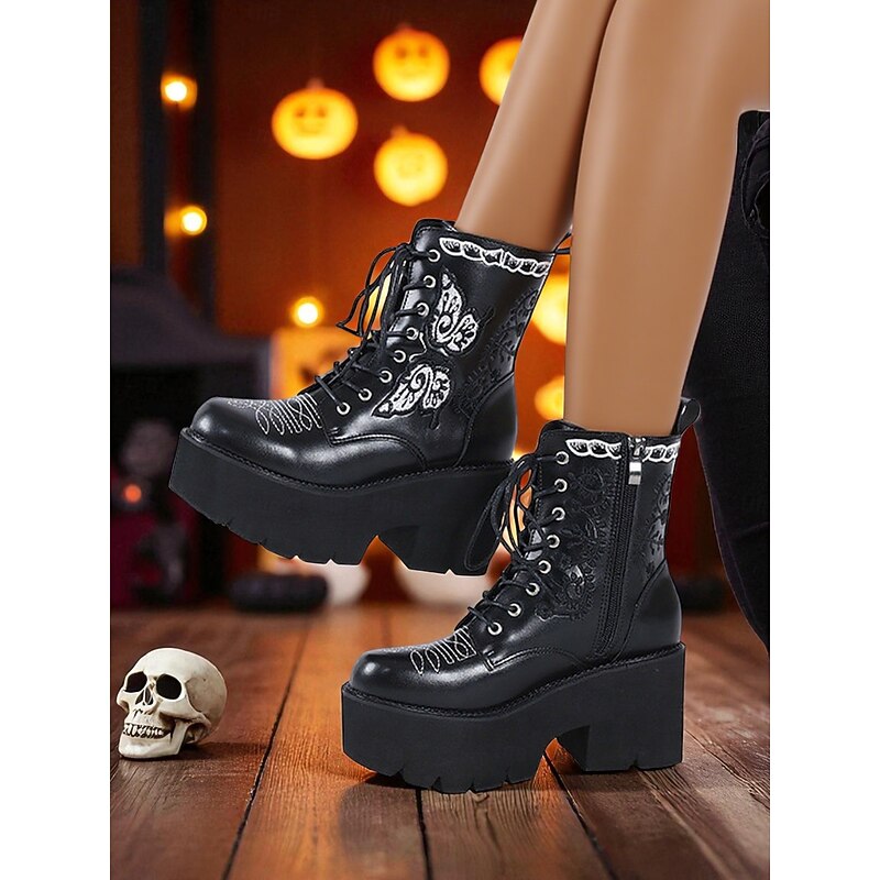 Women's Black Chunky Halloween Lace-Up Platform Boots with Butterfly Embroidery - Goth Streetwear Ankle Boots for Spooky Party and Daily Edgy Outfits2