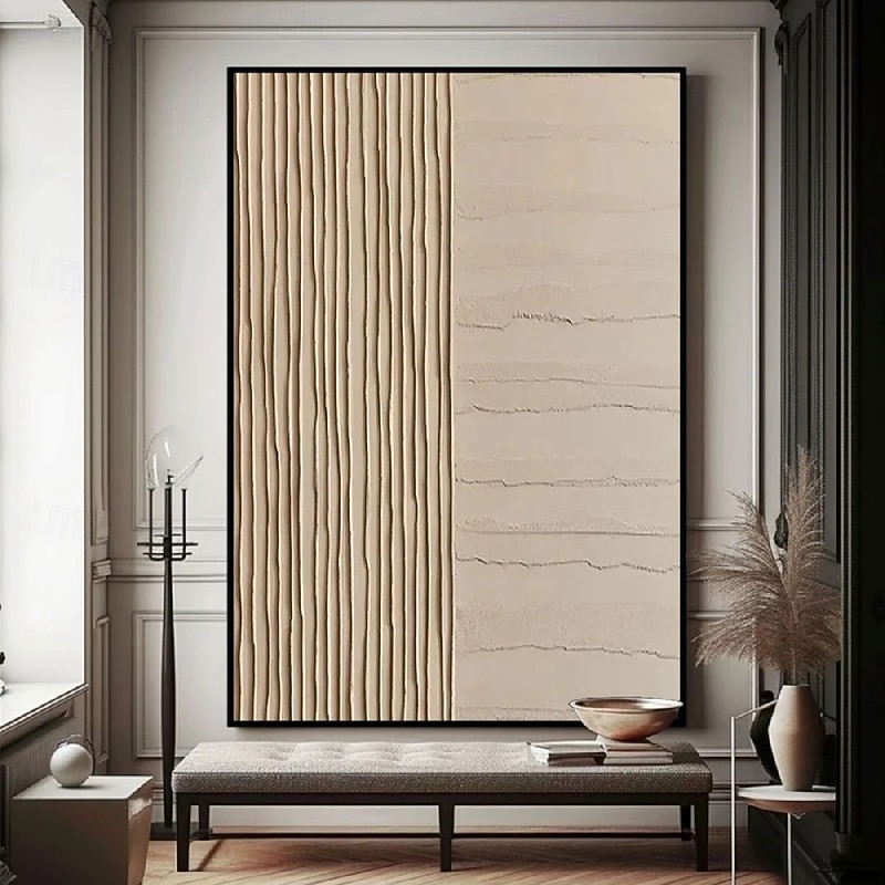 Handmade Painted Textured Oil Painting Vertical Stripes Ribbed Surface Sandy Pattern Horizontal Fissures Neutral Beige Oatmeal Taupe Minimalist Art Black Frame Wall Decor3