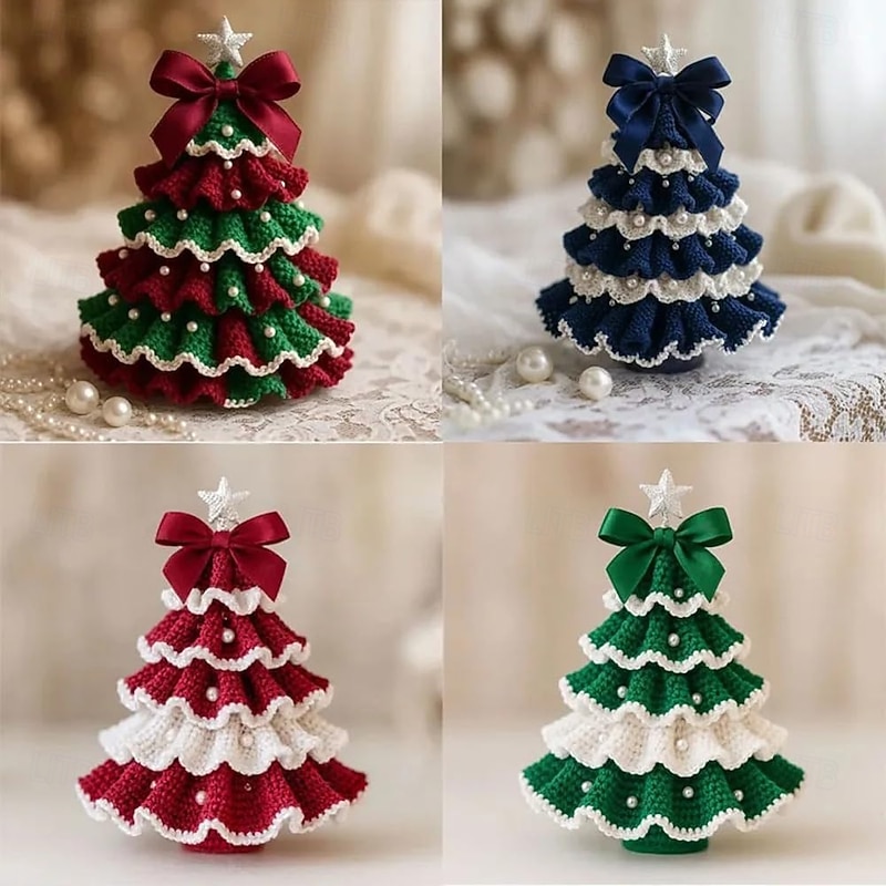 DIY Crochet Christmas Tree Kit Beginner Christmas Kit Tree Bow Pearl Embellishment Christmas Party Crochet Decorations Handmade Holiday Decoration Set for Crafts Lovers2