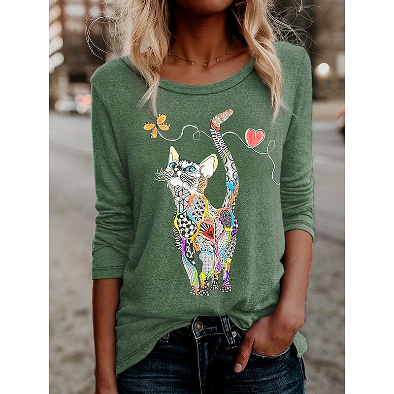Women's T shirt Long Sleeve Floral Graphic Cat Vintage Stylish Classic Long Sleeve Crew Neck Regular Tops Daily Print Black Blue Green  Spring Fall Prefall
