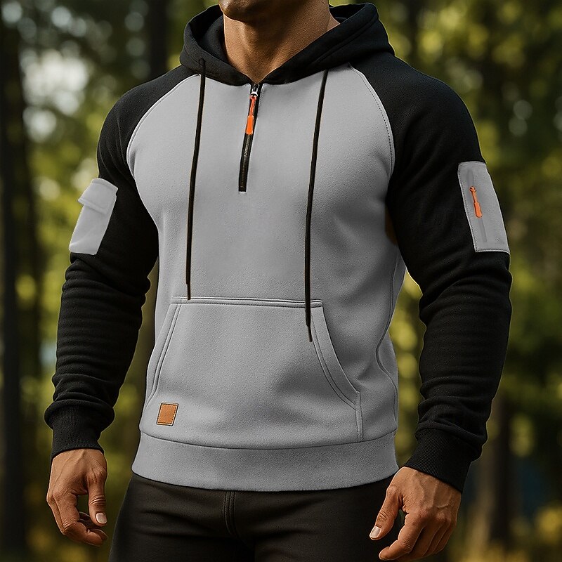 Men's Hoodie Quarter Zip Hoodie Tactical Hoodie Black Navy Blue Khaki Light Grey Dark Gray Hooded Plain Patchwork Color Block Multi Pocket Sports & Outdoor Casual Daily Streetwear Cool Sportswear4