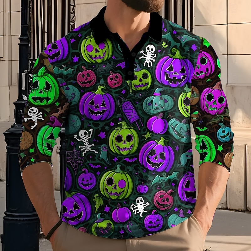 Halloween Men's Pumpkin Spider Polo Long Sleeve Polo Shirts Lapel Casual Dark Street Athleisure Daily Wear 3D Print Buttons Spring Fall Winter Purple Orange2