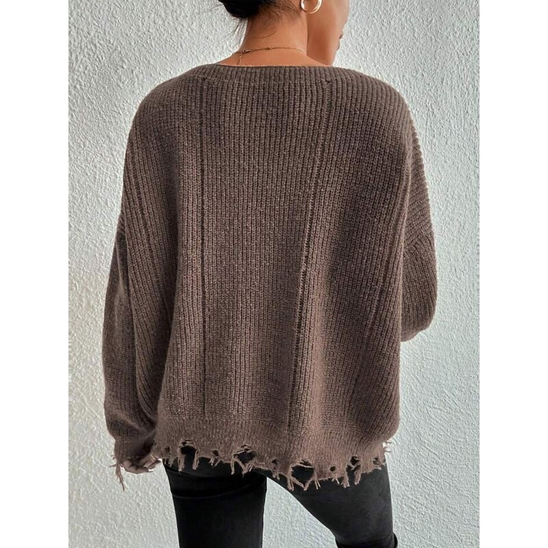 Women's Sweater Casual Soft Pure Color Ribbed Crew Neck Tassel Knitted Long Sleeve Regular Tops Knit Outdoor Daily Weekend Army Green Khaki Fall Winter3
