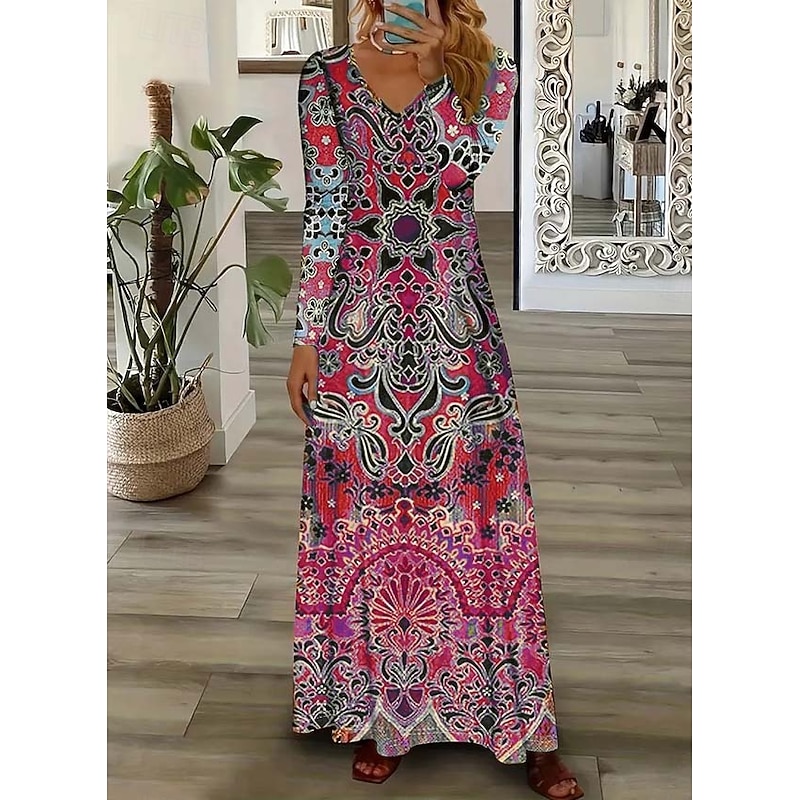 Women's Maxi Dress Sheath Dress Party Casual Boho Daily Date Going out Regular Fit Graphic Paisley Long Sleeve V Neck Pink Purple Orange Green Spring Fall Winter Autumn2