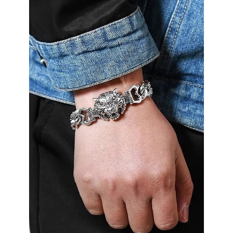 Men's Halloween Tiger Head Bracelet - Vintage Gothic Zinc Alloy Chain Jewelry for Biker, Punk, Cosplay and Party Outfits2