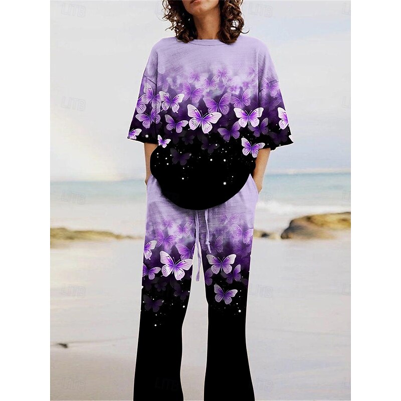 Women's Active Fashion Pants Sets 3/4 Length Sleeve Crew Neck Butterfly Print Vacation Daily Holiday Yellow Pink Red Summer Regular Fit