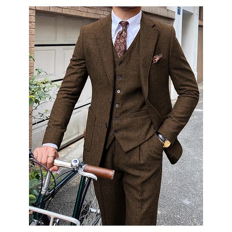 Men's Business Casual Tweed Suits Notch Lapel Coffee Solid Colored Tailored Fit 3 Piece Single Breasted Three-buttons2