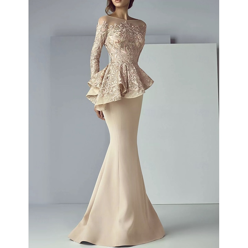 Mermaid Mother of the Bride Dress Formal Wedding Guest Elegant Scoop Neck Floor Length Lace Stretch Fabric Long Sleeve with Ruffles Appliques