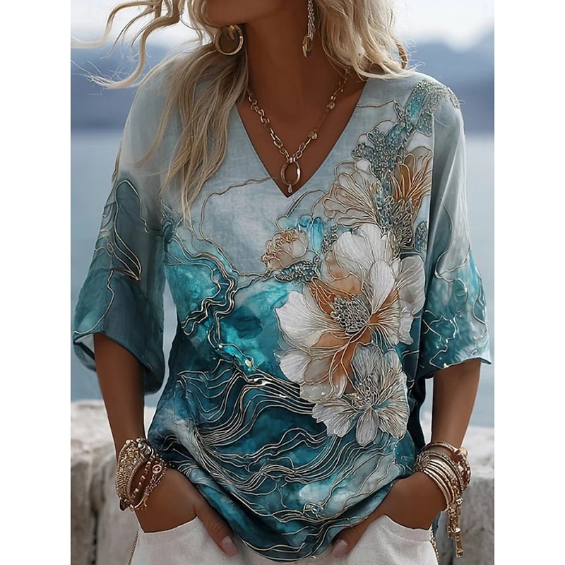 Women's Boho T-shirt Bohemia Vintage Fashion 3/4 Length Sleeve V Neck Regular Tops Daily Going out Weekend Blue Gray Summer Spring