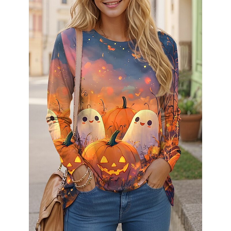 Halloween Women's T shirt Pumpkin Long Sleeve Graphic Ghost Vintage Fashion Casual Long Sleeve Crew Neck Regular Tops Daily Print Yellow Purple Orange Fall Winter Prefall
