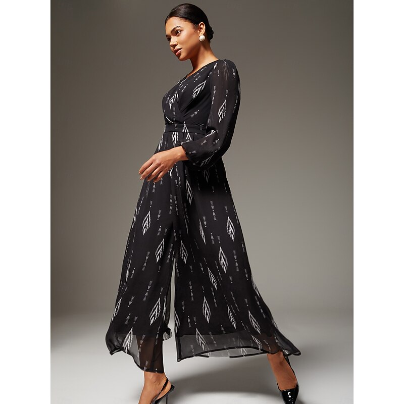 Women's Black Chiffon Printed Wide Leg Jumpsuit V Neck Waist Cinching Elegant Stylish Ideal Party Daily Wear Stand Out Spring Fall