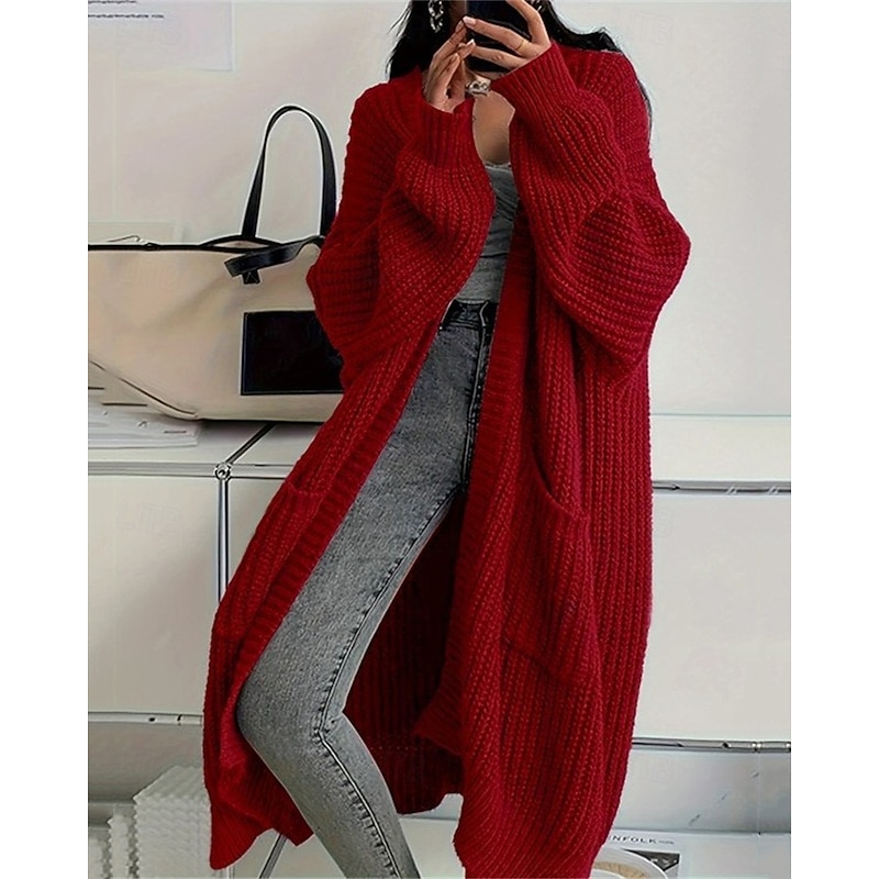 Women's Sweater Cardigan Fashion Streetwear Casual Pure Color Ribbed Open Front Pocket Knitted Long Sleeve Long Tops Knit Outdoor Daily Weekend Wine Red Black Fall Winter