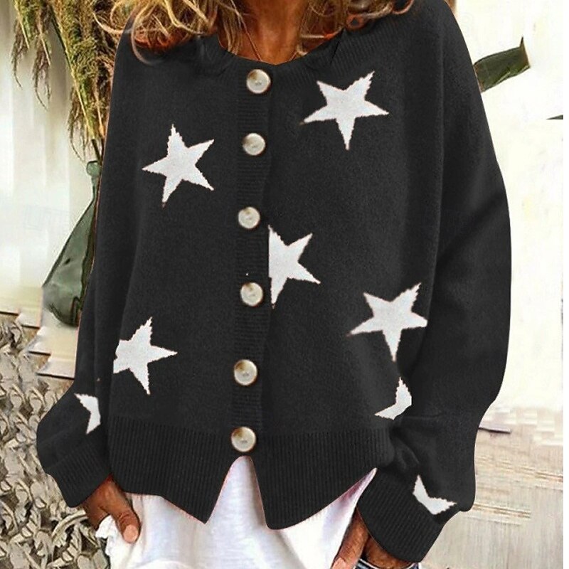 Women's Sweater Cardigan Fashion Graphic Star Ribbed Crew Neck Buttons Knitted Long Sleeve Regular Tops Knit Holiday Going out Weekend Black Blue Winter4