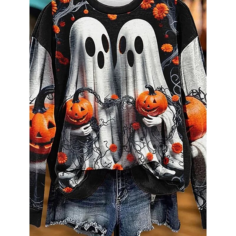 Halloween Women's Sweatshirts Ghost Graphic Skull Warm Casual Festival Long Sleeve Crew Neck Round Neck Regular Tops Street Dailywear Casual Print Black Spring Fall Winter3