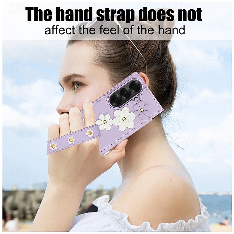Phone Case For Samsung Galaxy Z Fold 7 Z Fold 6 Z Fold 5 Z Fold 4 Back Cover with Lanyard Kickstand Card Slot Flower Floral TPU PU Leather3