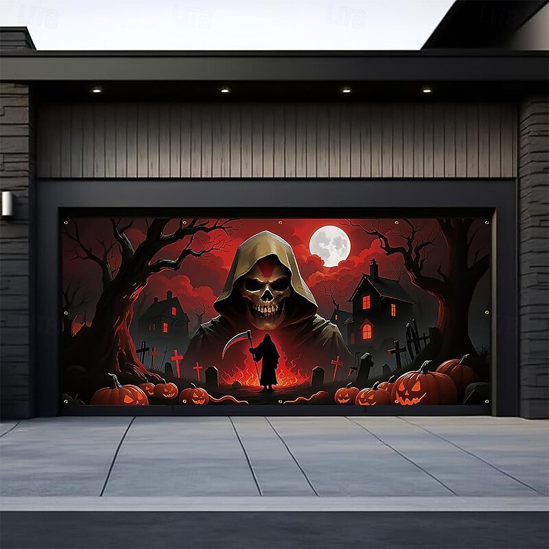 Halloween Garage Door Cover Large Hanging Backdrop Grim Reaper 3D Dark Punk Gothic Style Party Outdoor Shooting Backgrounds Yard Haunted House Home Decor2