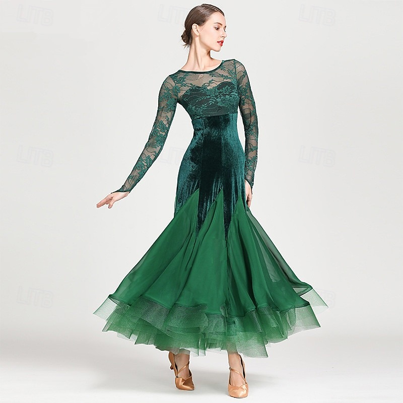 Ballroom Dance Dress Appliques Split Joint Women's Training Performance Long Sleeve Natural Chiffon Lace Velvet4