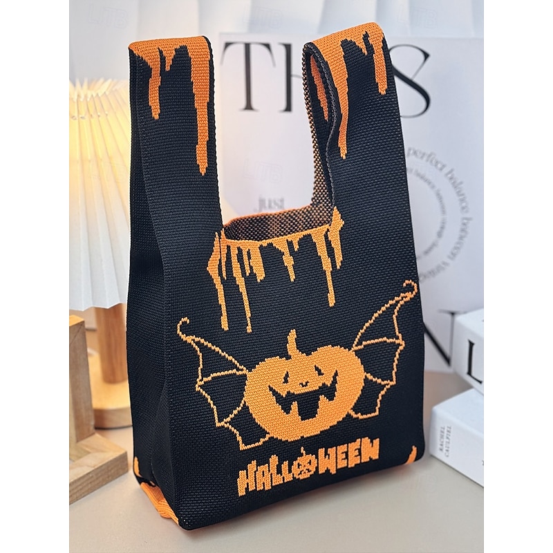 Women's Halloween Tote Bag – Knitted Pumpkin and Bat Pattern Trick or Treat Handbag, Casual Reusable Shoulder Bag for Party, Shopping and Holiday Gift2