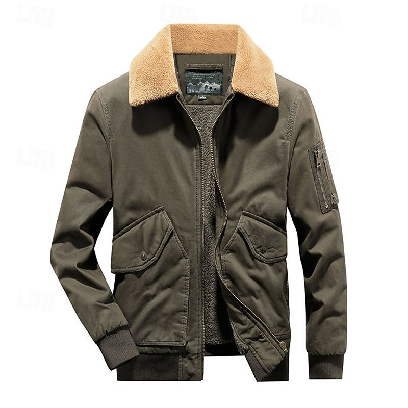 Men's Winter Jacket Bomber Jacket Fleece Jacket Vacation Daily Thermal Warm Pocket Fleece Winter Plain Fashion Streetwear Lapel Regular Black Khaki Army Green Jacket4