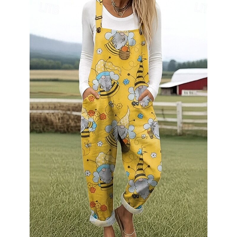 100% Cotton Women's Dungarees Active Floral Sleeveless Sleeveless Straight Square Neck Pocket with Pocket Vacation Daily Loose Fit White Yellow Blue Summer2