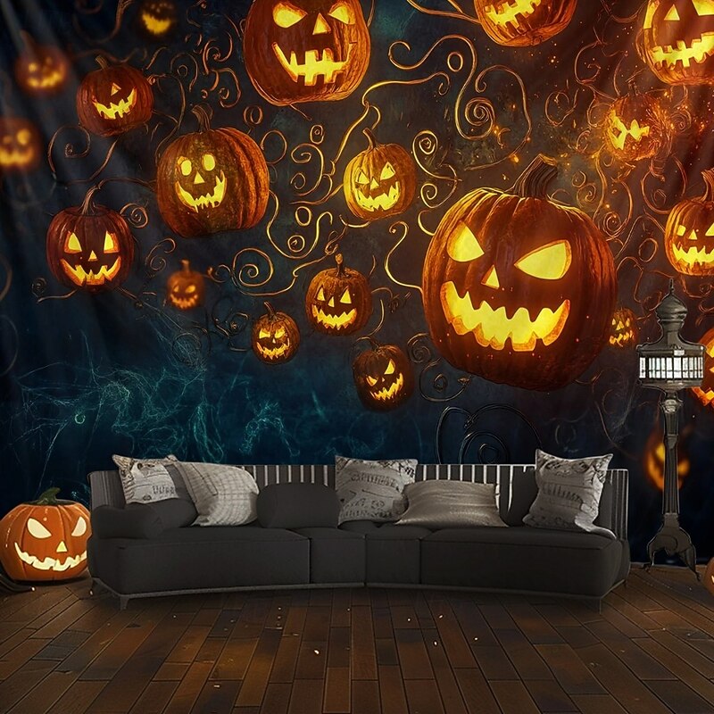 Halloween Wall Tapestry Backdrop – Glowing Jack-o'-Lantern Pumpkins Floating in Dark Spooky Night Sky with Swirling Vines, Creepy Party Wall Hanging Decoration2