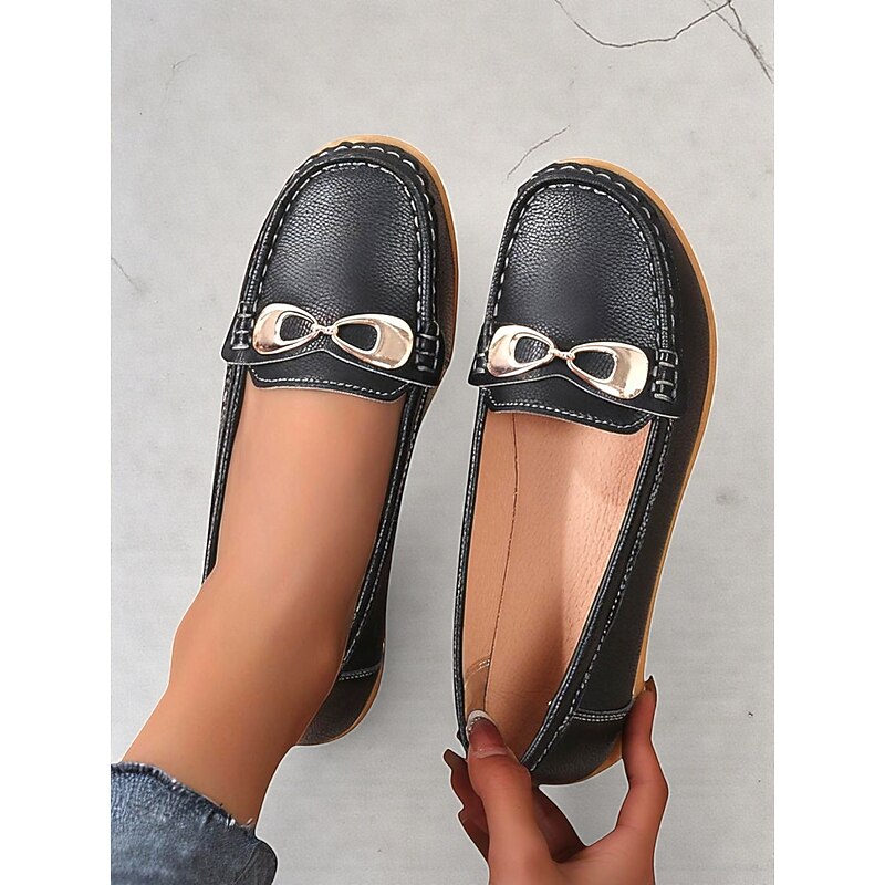 Women's Black Faux Leather Loafers with Gold Buckle – Casual Slip-On Flat Shoes for Daily Wear, Office and Travel3