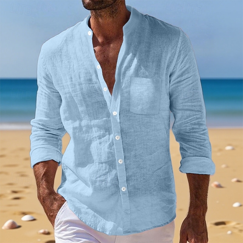Men's Shirt Linen Shirt Summer Shirt Beach Wear Button Up Shirt Plain Vacation Daily White Yellow Navy Blue Blue Long Sleeve Band Collar Summer Fall Clothing Apparel Front Pocket