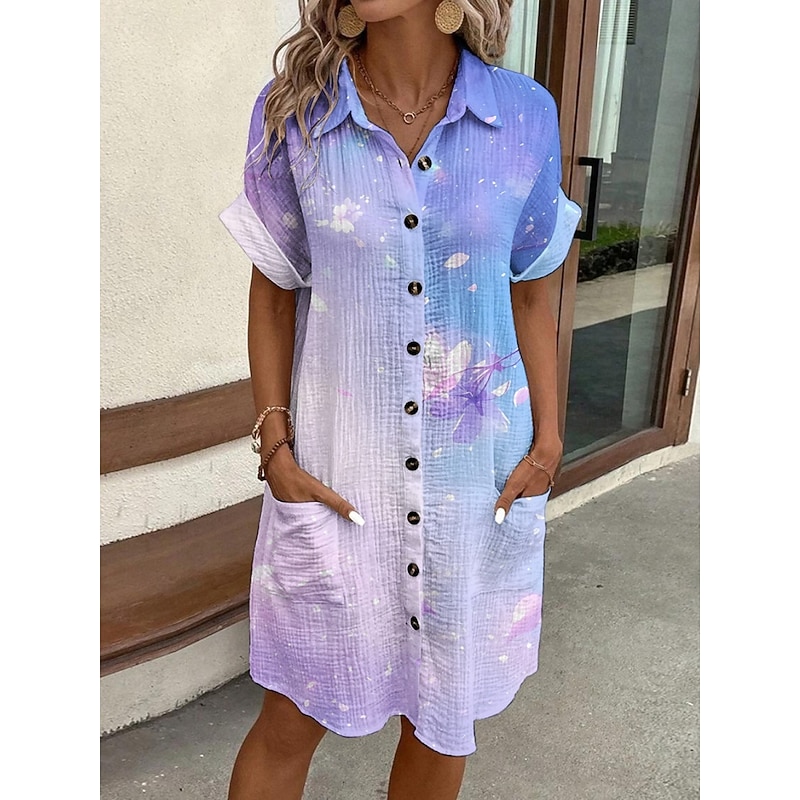 Women's Mini Dress Shirt Dress Casual Dress Print Dress Fashion Modern Daily Beach Weekend Regular Fit Floral Short Sleeve Shirt Collar Purple Summer Spring Fall Autumn