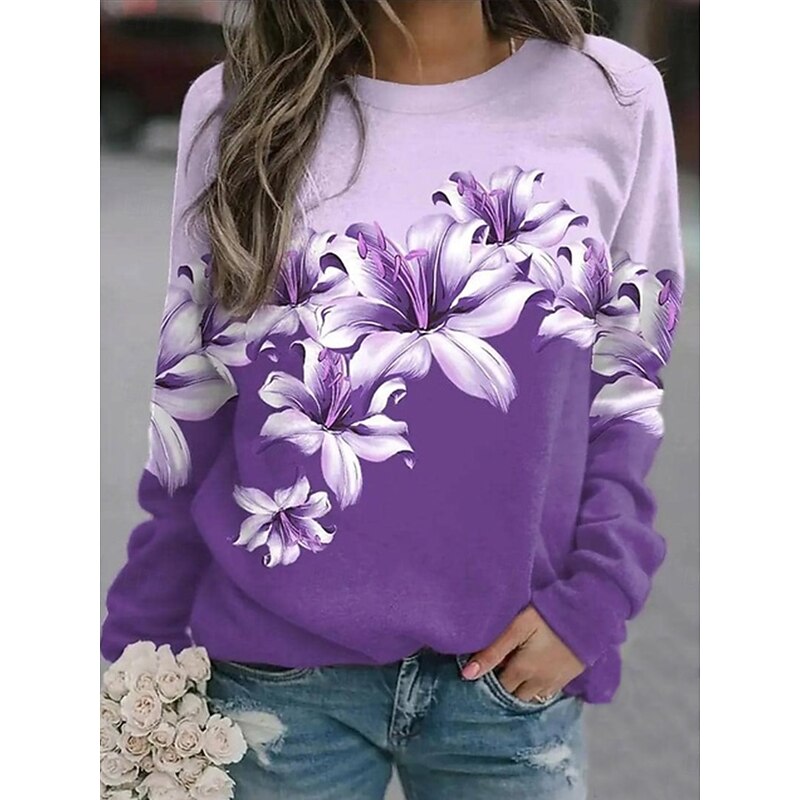 Women's Sweatshirts Floral Graphic Casual Long Sleeve Crew Neck Regular Tops Street Casual Holiday Print White Pink Blue Purple Spring Fall Winter4