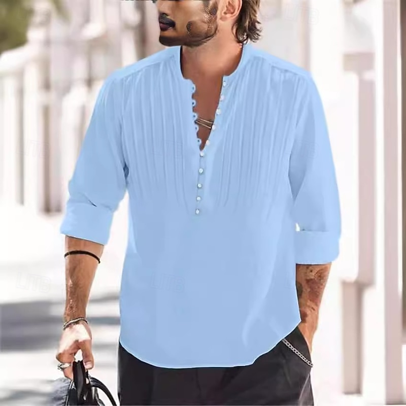 Men's Shirt Popover Shirt Casual Shirt Beach Shirt Button Up Shirt Black White Navy Blue Sky Blue khaki Long Sleeve Plain Round Neck Vacation Casual Pleated Clothing Apparel Fashion Streetwear3