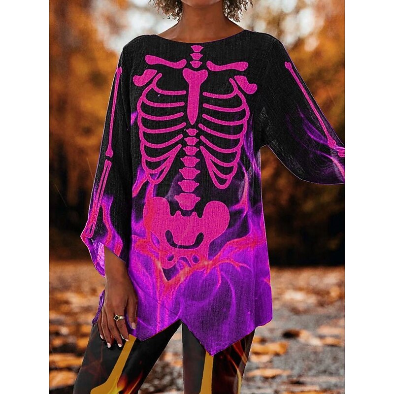 Halloween Women's Blouse Skulls Graphic Vintage Stylish Casual 3/4 Length Sleeve Crew Neck Regular Tops Daily Print White Yellow Pink Blue Orange Spring Fall3