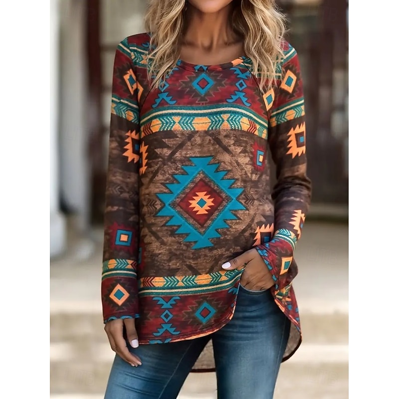 Women's T Shirt Graphic Tribal Vintage Stylish Casual Long Sleeve Crew Neck Long Tops Daily Going out Weekend Print Blue Brown off-white Spring Fall4