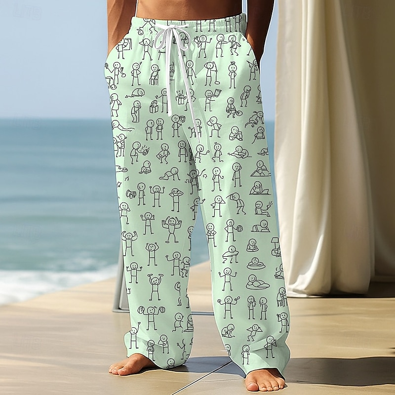 Men's Trousers Baggy Pants Casual Pants Elastic Drawstring Waist Linen-Like Pants with Pockets People Stick Figure Full Length Outdoor Vacation Funny Black White Inelastic4