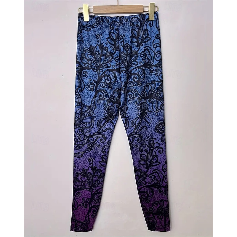 Women's Pants Trousers Leggings Cozy Leggings Streetwear Casual Full Length High Waist Floral Elastic Waist Print Breathability Comfortable Stretchy Vacation Street Daily Wear Blue Summer Spring Fall3