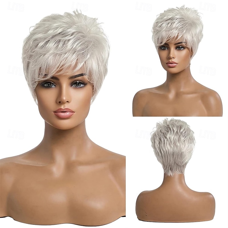 Short Silver Grey Hair Wigs for Women Blend Pixie Cut Wig With BangNatural Daily Use Hair2