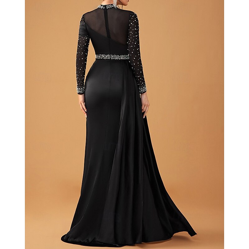 Black Mermaid / Trumpet Evening Gown Elegant Dress Formal Wedding Floor Length Long Sleeve High Neck Mock Neck Stretch Satin with Pearls Crystals 20254